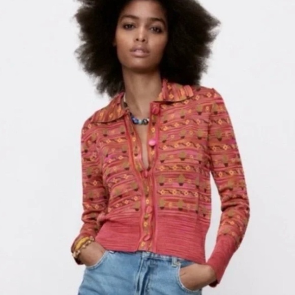 Zara pink 60s mod cactus cardigan jacquard knit button up sweater funky design - Picture 3 of 10
